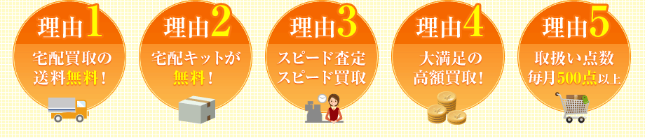 理由1、宅配買取の送料無料！ 理由2、宅配キットが無料！ 理由3、スピード査定 スピード買取。 理由4、大満足の高額買取！ 理由5、取扱い点数 毎月500点以上。